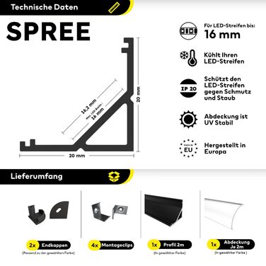 Алюміній - світлодіодний алюмінієвий профіль чорний - 200 см - кутовий профіль - опалова кришка з аксесуарами - для світлодіодної стрічки 16 мм - сумісна з Philips Hue - Spree (Spree Black 200 Semi)