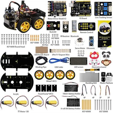 Сумісний із Arduino IDE Electronics Kit з мікроконтролером, модулем відстеження лінії, ультразвуковим датчиком, ентузіастом програмування автомобільних роботів для підлітків від 14 років, 4WD Robot Kit