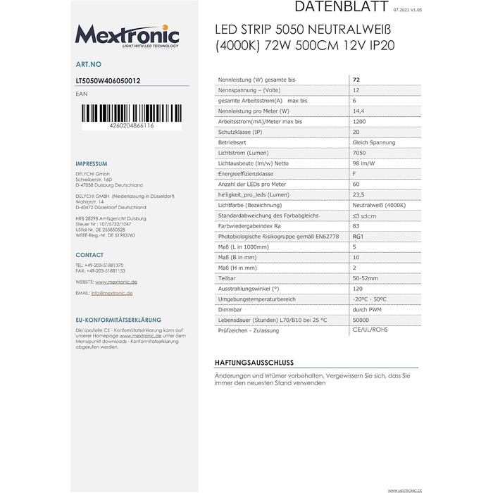 Світлодіодна стрічка Mextronic Світлодіодна стрічка 5050 нейтральна біла (4000K) 72Вт 500CM 12V IP20