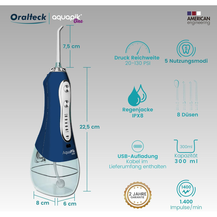 Портативний акумуляторний іригатор для порожнини рота Aquapik One для подорожей Очищення води 5 режимів тиску та функціональність Потужний професійний іригатор порожнини рота 8 насадок 300мл (синій) Blue Azul