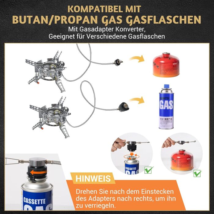 Газова піч для кемпінгу Bulin 6800W вітрозахисна, кемпінгова газова піч з п'єзопідпалом, піч на відкритому повітрі з адаптером, вантажопідйомність з нержавіючої сталі 75 кг для пішохідного пікніка 6800W з адаптером