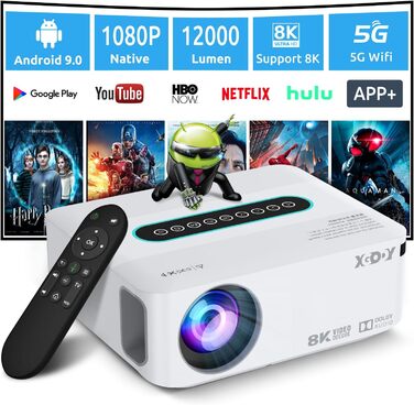 Проектор із підтримкою 4K із 5G Wi-Fi та Bluetooth, XGODY X1 12000L Native 1080P HD Вбудована ОС Android Проектор YouTube Netflix попередньо встановлено, 8000 програм, Dolby Sound Smart Портативний проектор із сумкою