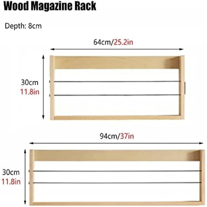 Тримач для документів з натурального дерева, дерев'яна настінна підставка для журналів, плаваюча книжкова полиця-органайзер для стіни глибиною 8 см, декор для ванної кімнати/підставка для спецій, 94x8x30 см