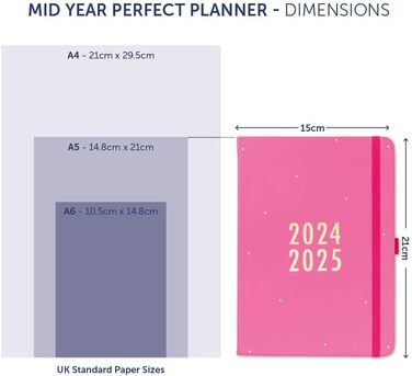 З серпня 2024 року по серпень 2025 року - Рожевий - Щотижневий оглядовий планувальник A5 зі штучної шкіри з тримачем для ручки, наклейками та блокнотом для списку