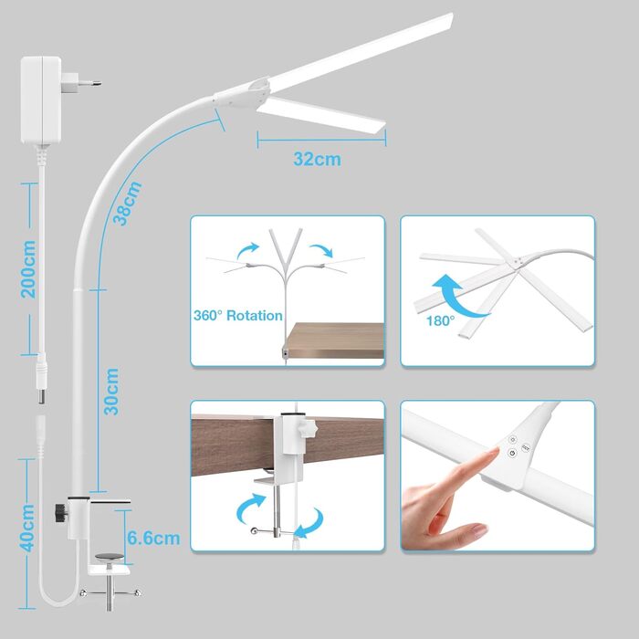 Настільна лампа Hensam LED з регулюванням яскравості, настільні лампи з подвійною головою 1400 лм, офісна лампа з гусячою шиєю для дому та студії, CRI83, 5 рівнів яскравості колірної температури (білий, сенсорне керування)
