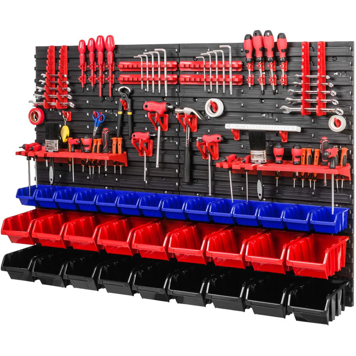 Стелаж для майстерні PAFEN - 1152 x 780 мм - Настінна полиця з ящиками для штабелювання Тримач для інструментів - Стійка для жолоба Настінні плити Extra Strong (синій/червоний/чорний)