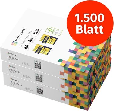 Папір для принтера Infowerk Копіювальний папір 1500 аркушів (3x500) А4 80 г преміум високий білий Переможець тесту PEFC