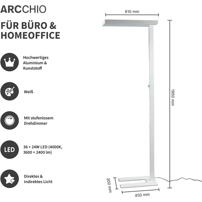 Світлодіодний офісний торшер Arcchio з можливістю затемнення білий, офісна лампа Торшер з підсвічуванням і світильником, стельовий омийник 6000 лм, 4000K, торшер офісний, офісний торшер