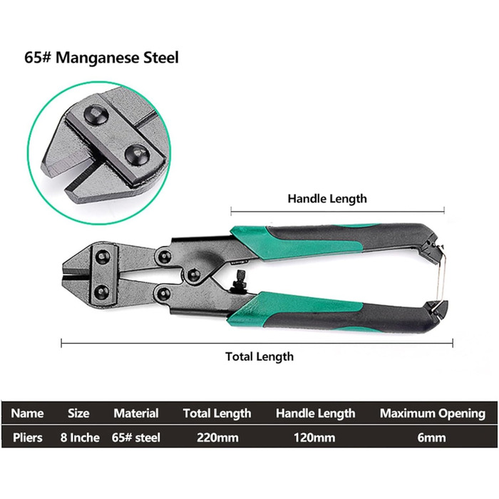 Болторіз Болторіз Дротяний затискач Мотузковий затискач Плоскогубці Багатофункціональні ручні інструменти 8-дюймовий міні-тріскачка кабельний різак ланцюговий різак (65 марганцевої сталі) 8 дюймів 65 марганцевої сталі