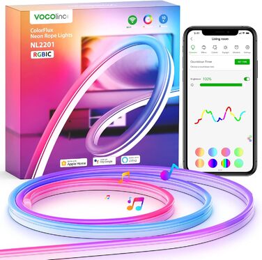 Неонова світлодіодна стрічка VOCOlinc 3 м, RGBIC стрічка працює з Apple HomeKit, Alexa та Google, з керуванням програмами, функцією зроби сам, синхронізацією музики, стрічковим світлом для спальні, вітальні, оздоблення стін