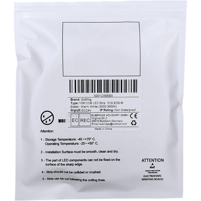 Світлодіодна стрічка GOMING 24 В COB 4000K Світлодіодна стрічка 312LED/M Світлодіодна стрічка Самоклеюча CRI 93 Висока яскравість 6300 лм Неводонепроникна світлодіодна стрічка IP20 для прикраси внутрішнього будинку (тільки стрічка) (теплий білий, 10 м)