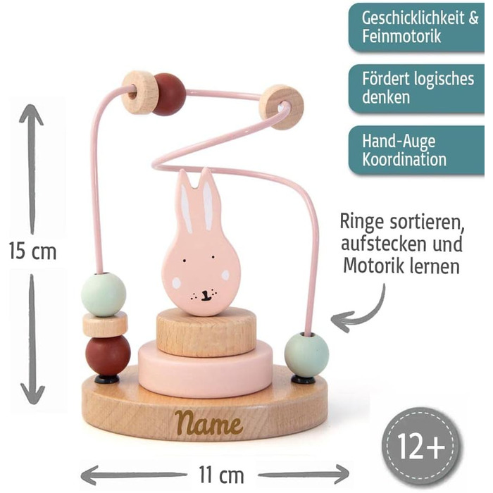 Міні-петля для моторики Elefantasie Trixie з дерева ПЕРСОНАЛІЗОВАНА гра на кілочках з гравіюванням імені подарунок для новонародженого кролика