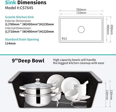Гранітна мийка Чорна кухонна мийка 80 кварцовий пісок Гранітна мийка, 1 чаша вбудована раковина, в т.ч. сифон обробна дошка і більше (760x450x220 мм)