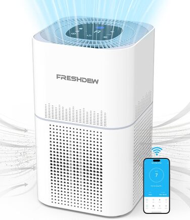 Очищувач повітря FRESHDEW Wi-Fi, CADR 300 м/год для квартири для курців 100, 4-ступеневий повітряний фільтр може видалити запахи пилу, цвіль, цифрова якість повітря, розумний очищувач повітря HEPA 24 дБ, білий