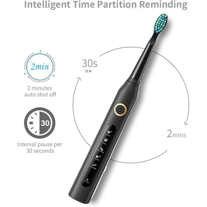 Чорний, 5 Modes Timer 8 Replacement Heads Electric Toothbrush for Adults -