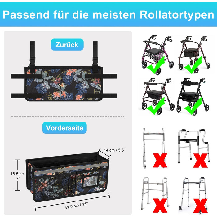 Сумка-рулонщик/кошик для роликів, сумка-органайзер для аксесуарів Rollator великої місткості з кількома кишенями, універсальна водонепроникна сумка для зберігання, аксесуари для ролаторів для людей похилого віку Чорний квітковий