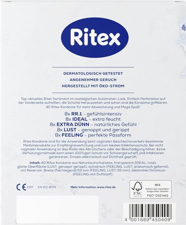 Асортимент суміші презервативів Ritex - захоплюючий і різноманітний, 40 шт. , Зроблено в Німеччині