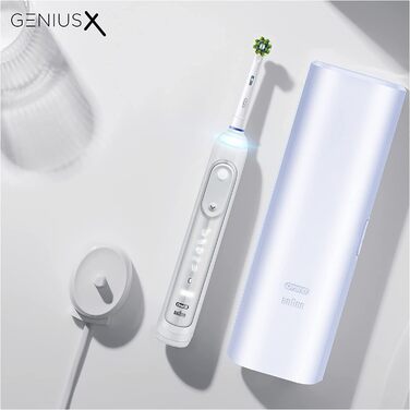 Електрична зубна щітка/електрична зубна щітка Oral-B Genius X, 6 режимів чищення зубів для догляду за зубами, додаток зі штучним інтелектом і Bluetooth, дорожній кейс, подарунок чоловікові/жінці, дизайн коричневий, білий