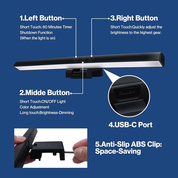 З можливістю затемнення, Світлова панель USB-монітора з 3 колірними температурами, Екран для ПК Screenbar Lighting Lamp Lamp для ноутбука Lamp для офісу Домашній офіс 33 см