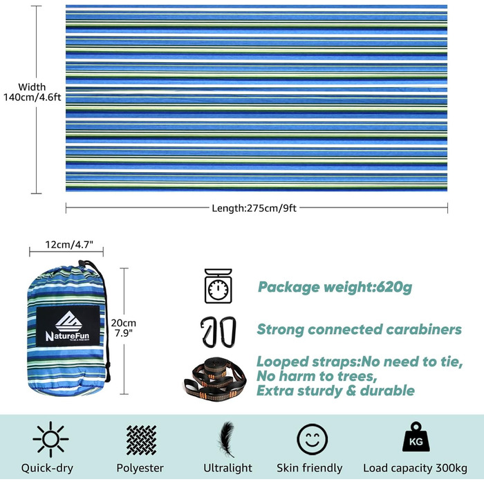 Туристичний кемпінг-гамак NATUREFUN 275 x 140 см преміум-класу максимальна вантажопідйомність до  300 кг дихаючий, швидковисихаючий з парашутного нейлону з 2 карабінами синьо-біла смуга