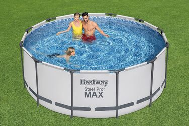 Каркасний басейн Bestway Steel Pro MAX Повний комплект з фільтруючим насосом Ø 366 x 122 см, світло-сірий, круглий одинарний