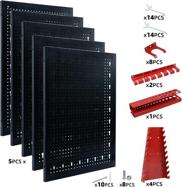 Настінна перфорована стіна CCLIFE Tool Incl.66 шт. Металева інструментальна перфорована стіна чотири штуки 200 x 60 x 2 см Розширювані аксесуари Настінна полиця для зберігання інструментів Чорний 5 шт.