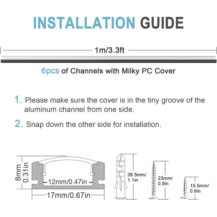 Чорний профіль світлодіодної стрічки, світлодіодний алюмінієвий канал 3,3 фута/1 м Чорний світлодіодний профіль з молочно-білою кришкою, торцеві кришки для монтажних затискачів Алюмінієві екструзійні роз'єми 90 градусів для світлодіодних стрічок 6 шт. -U-