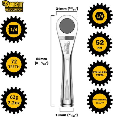 Міні-мікротріскачка 1/4 квадратна 6,3 мм (1/4') шестигранна з нержавіючої сталі Професійний важільний ключ з храповиком на 72 зуба, 1 шт., MRSC03