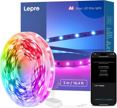 Світлодіодна стрічка Lepro AI S1, MagicColor, розумна світлодіодна стрічка RGB, дизайн світлових ефектів AI, світлодіодна стрічка з виразом обличчя AI, струнні світильники, сумісні з Alexa та Google Assistant, світлодіодна стрічка для кухні, ігри (5M)