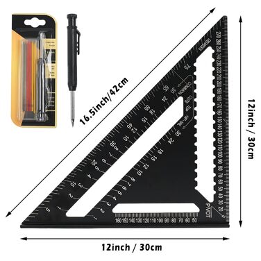 И Метрична трикутна лінійка 18см і 30см з столярним олівцем і 6 грифелями, багатофункціональний столярний косинець з алюмінієвого сплаву, розмічальний інструмент для деревообробки, 2 шт.