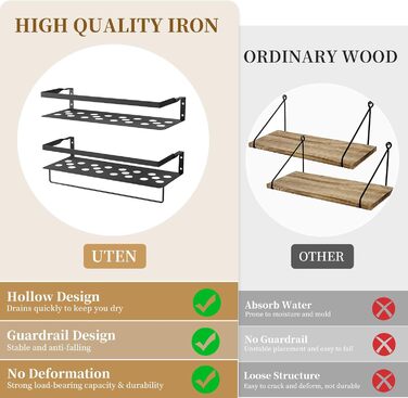 Настінна полиця Uten металева, полиця для ванної кімнати Набір кухонних полиць з 2 шт. , металева полиця стінка 40 см з рушникосушкою, для вітальні, кухні, ванної кімнати, кабінету, Black Iron Art Matte Black
