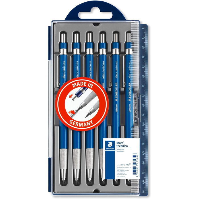 Ручка STAEDTLER Mars 780 C PR5 Drop Lead Pen, technico з інтегрованою свинцевою точилкою 2 мм, 5 і 1 акція, 6 шт. (1 упаковка) Набір крапельних олівців синій