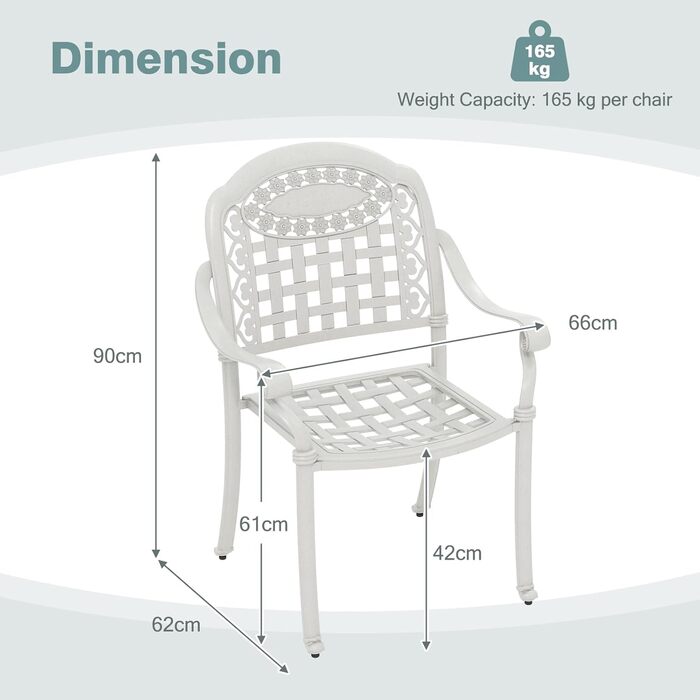 Набір з 2 шт. абельованих садових стільців, литі алюмінієві стільці для патіо, штабельовані стільці з регульованими ніжками, балконні стільці Обідні стільці для саду, двору, патіо (білий)
