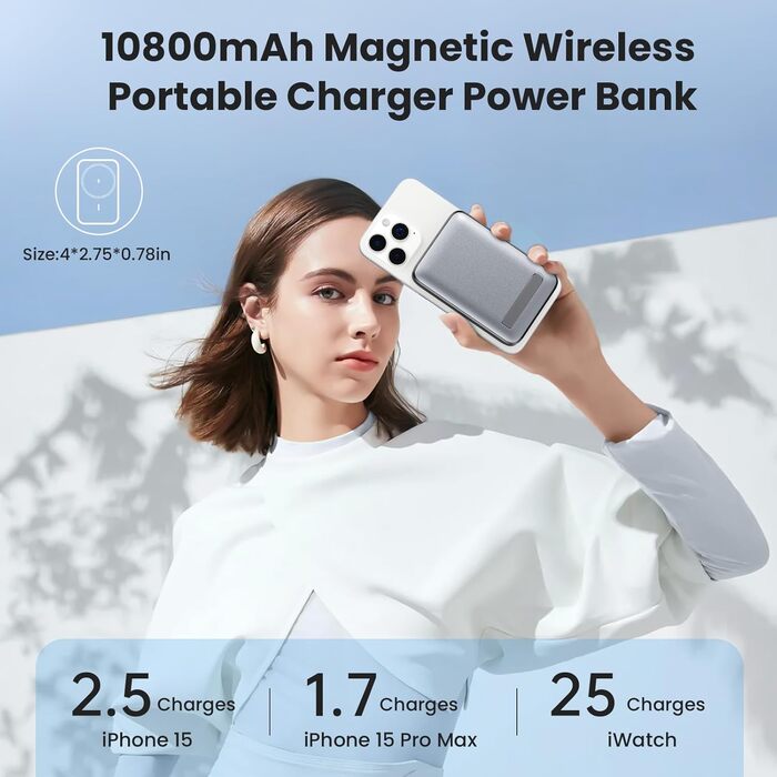 Магнітний акумулятор для MagSafe, бездротовий акумулятор 10800mAh, PD 22.5W USB-C Fast Charge Powerbank зі складним тримачем і світлодіодним дисплеєм, для MagSafe iPhone 15/14/13/12/Pro/Max A-Black