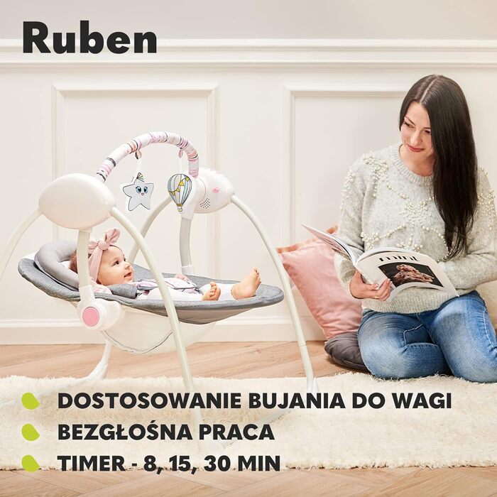 Дитяча гойдалка електрична з функцією відкидання Baby Swing, темно-сіро-рожева, від 0 до 9 кг