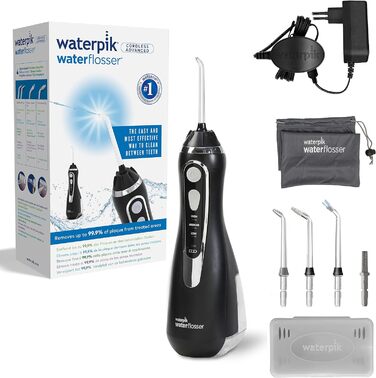 Акумуляторний іригатор для порожнини рота Waterpik Cordless Advanced Waterflosser з 4 насадками, діапазон тиску від 3.1 до 5.2 регулюється за допомогою 3 налаштувань тиску, з індукційною системою зарядки, чорний (WP-562EU), 1 упаковка