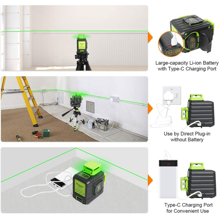 Лазерний нівелір Huepar 2 x 360 перехресних ліній Зелений самовирівнюючий лазерний рівень, дві лазерні лінії 360, літій-іонний акумулятор з портом для зарядки типу C, жорсткий кейс у комплекті - B02CG Green