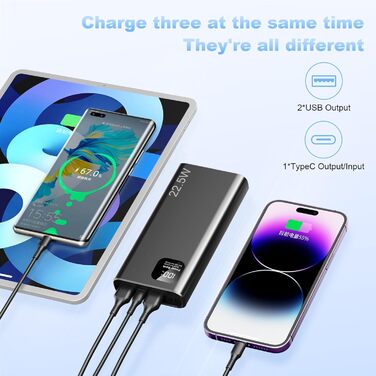 Зовнішній акумулятор Power Bank 27000mAh 22.5W Powerbank Fast Charging PD QC3.0, портативний зарядний пристрій для мобільних телефонів, зовнішній акумулятор з 3 виходами та 2 входами для смартфонів, планшетів та іншого (чорний)