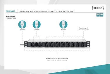 Подовжувач живлення DIGITUS 19 - - 1U - 250 В змінного струму - 50/60 Гц - 16 А - 4000 Вт (10 кранів, 8 кранів C13 і 2 шт. C19, версія IEC)