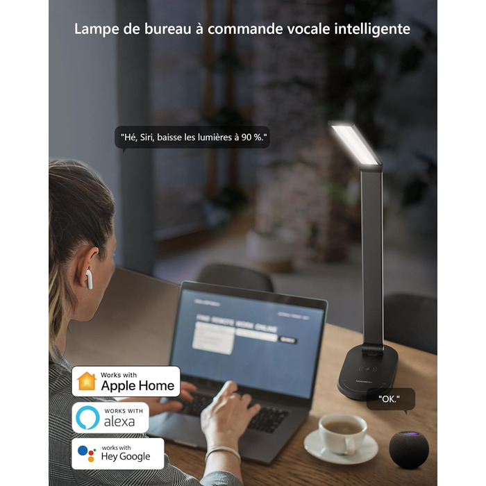 Світлодіодна лампа VOCOlinc Smart Desk Lamp з бездротовою зарядкою 10 Вт, сумісна з HomeKit/Alexa/Google Home, плавне затемнення, голос/додаток/сенсорне керування, з таймером, функцією пам'яті DL2202