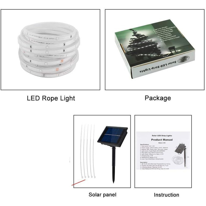 Сонячна стрічка, 100LED 16,4 футів/5 м водонепроникний SMD2835 світлодіодна стрічка Mood Rope світильник для саду, двору, доріжки, огорожі, сходів, заднього двору, патіо декоративний (холодний білий)