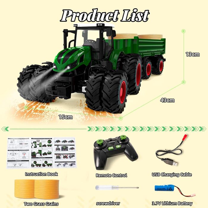 Трактор на дистанційному управлінні, Іграшка трактор від 2 3 4 5 6 років, Rc трактор з причепом, Сільськогосподарський трактор зі світлом, Різдвяний подарунок для дітей різнокольоровий