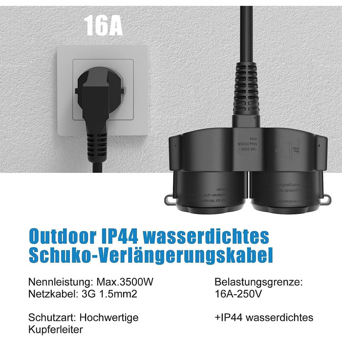 Подвійна вилка HITRENDS для розетки, подовжувач Зовнішній захисний контакт з 2 розетками змінного струму, 2-смуговий розподільний розгалужувач Schuko 5 см, короткий кабель, IP44 водонепроникний, 3 * 1,5 мм, 16A/250V, чорний 2 способи чорний