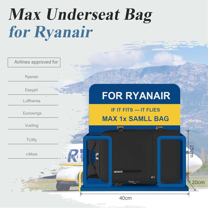 Для ручної поклажі Ryanair 40x20x25 рюкзак для ручної поклажі літака, дорожній рюкзак невелика сумка для ручної поклажі, ручна поклажа дорожній рюкзак дорожня сумка з окремим відділенням для вологих рушників чорний