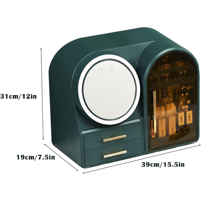 Органайзер для косметики та догляду за шкірою UPGENT, сучасні коробки для зберігання косметики з вентилятором і дзеркальним склом, що обертається на 360, світлодіодний тримач для макіяжу, вітрини для спальні та спальні