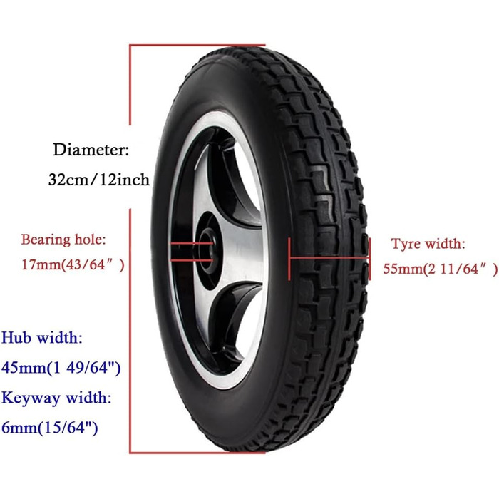 Дюймове заднє колесо для інвалідного візка, електричні аксесуари для інвалідних візків для людей похилого віку, ненадувні, нековзні колеса/чорні/12 дюймів, 12-