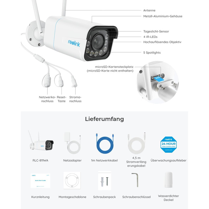 Зовнішня камера безпеки Reolink 4K 8MP Wi-Fi 6 із 5-кратним оптичним збільшенням, плавним віддаленим доступом із записом H.265, кольоровим нічним баченням, інтелектуальним виявленням, 2-стороннім аудіо, IP67, RLC-811WA