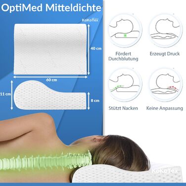 Подушка для підтримки шиї KoKoTex - Ортопедична подушка - Ергономічна подушка Біль у шиї - Подушка для сну Піна з ефектом пам'яті - Подушка проти хропіння - Шийна подушка - Подушка з віскози 60x40х11/8см 60x40 11/8 см