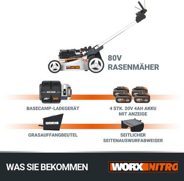 Професійна акумуляторна газонокосарка WORX WG761E Nitro 80V (4x20V), безщітковий двигун, колісний привід, ширина зрізу 51 см