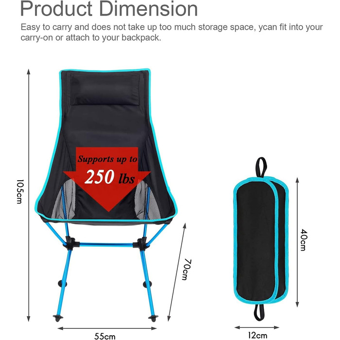 Кемпінгове крісло Легке, компактне, складне, з високою спинкою з підголівниками для табору, пікніка, фестивалю, піших прогулянок, туристичного туризму C